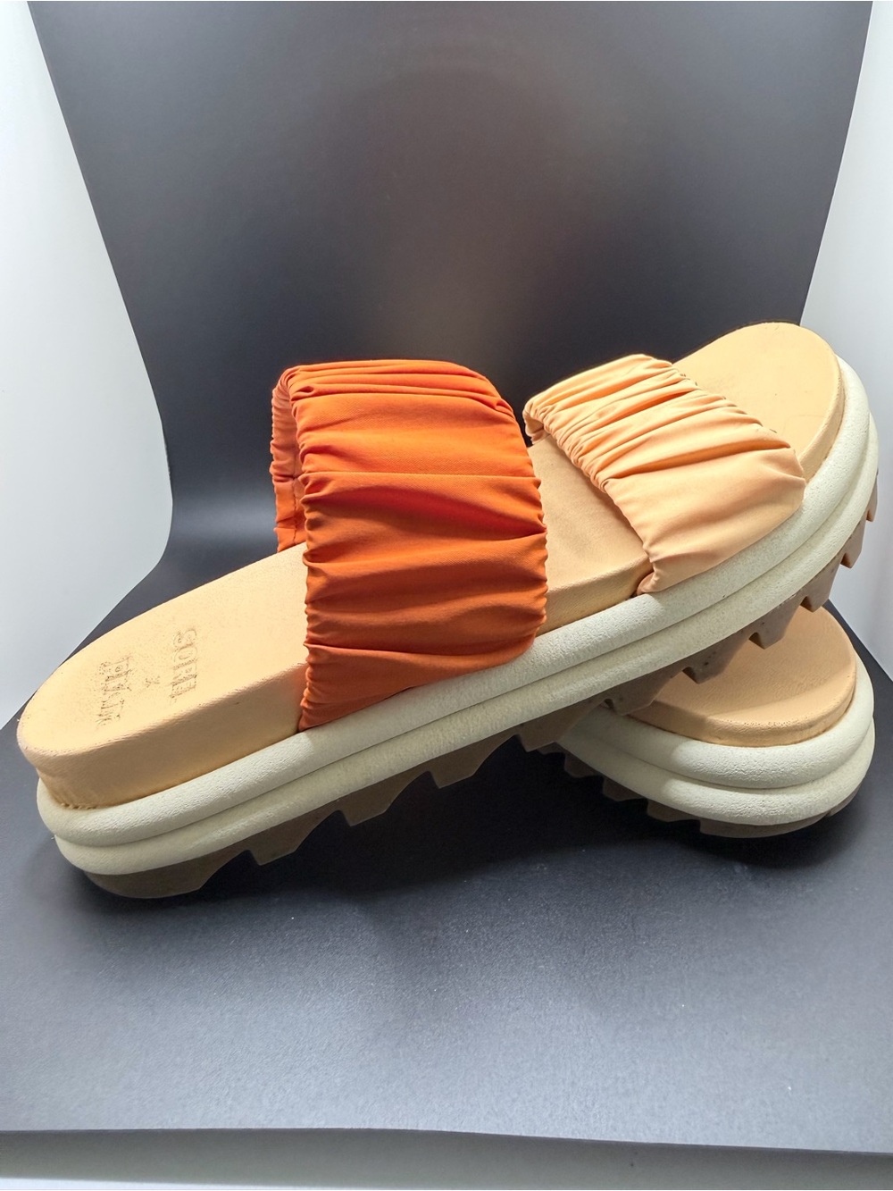 Sorel Ruched Two-Band Slide Sandals in Orange and Peach - Picture 4 of 10